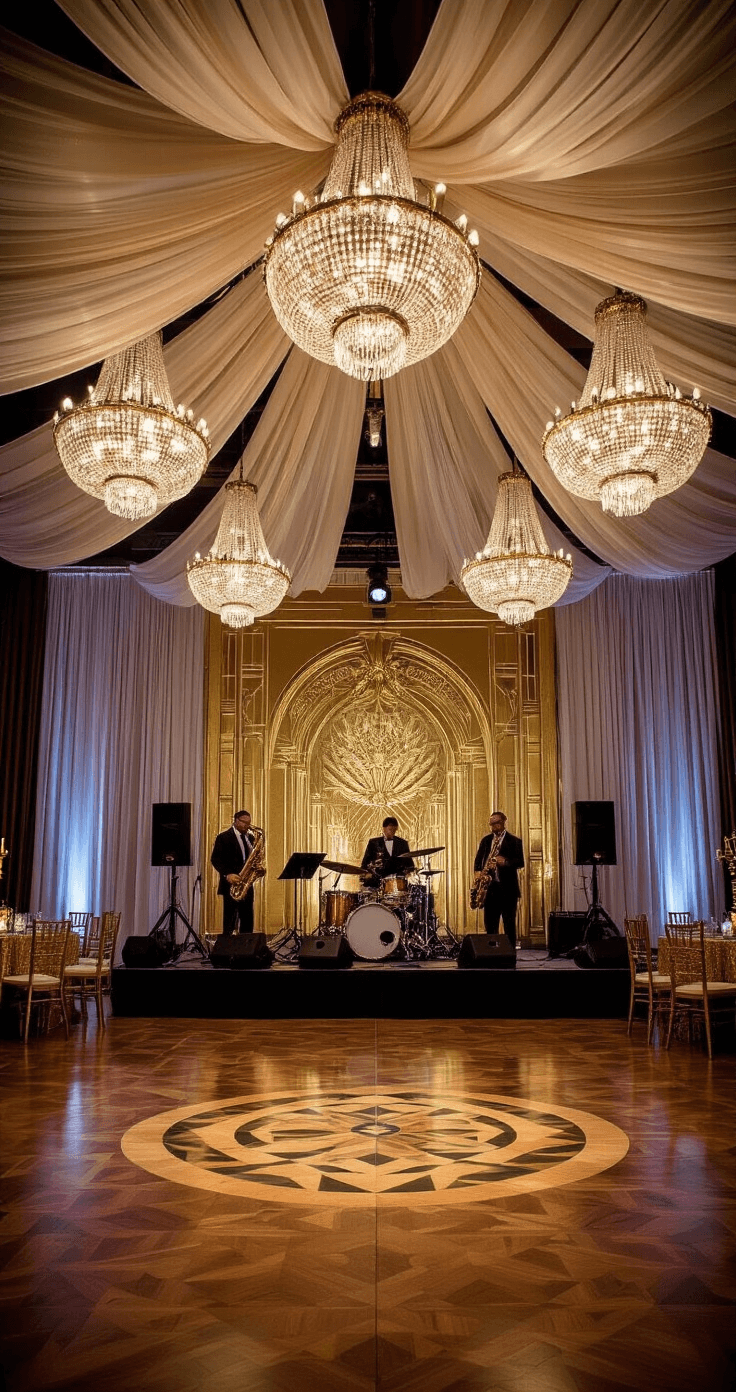 A vibrant dance floor scene at night featuring a parquet floor with geometric patterns reflecting light from vintage chandeliers, a live jazz band on a raised stage with an art deco backdrop, sheer ivory and gold fabric canopies, spinning mirror balls, and cocktail tables adorned with gold sequined linens and crystal votive holders, captured from a low angle with dynamic motion blur.