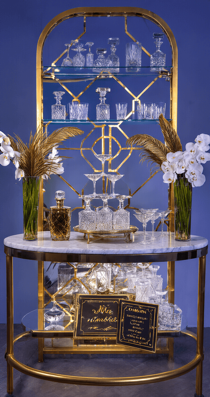 A stylish cocktail bar setup during blue hour features a mirrored backdrop with gold geometric patterns, glass shelves filled with crystal decanters and vintage glassware. The marble bar top with a brass rail showcases a dramatic champagne tower with illuminated coupe glasses. Fresh white orchids and gold-painted feathers are arranged in tall vases, alongside an art deco menu board with elegant gold lettering, all captured from a straight-on angle with rim lighting.