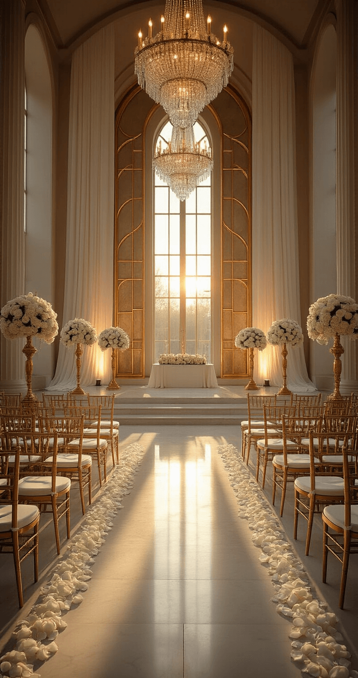 An elegant ceremony space at sunset, featuring cathedral windows that cast shadows on a marble floor. The aisle is adorned with tall gold candelabras and white rose petals, leading to an art deco-inspired altar backdrop with geometric gold panels and draped ivory fabric. Crystal chandeliers glow warmly overhead, while ghost chairs with gold cushions are arranged theater-style, accented by white ostrich feather arrangements marking row ends.