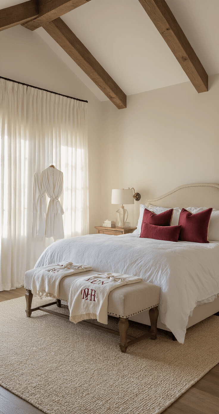 A cozy master bedroom bathed in golden hour light, featuring a king bed with white cotton bedding and a personalized anniversary blanket, garnet-colored accent pillows, monogrammed cotton robes on an upholstered bench, and a vaulted ceiling with exposed beams, all captured from a corner angle.