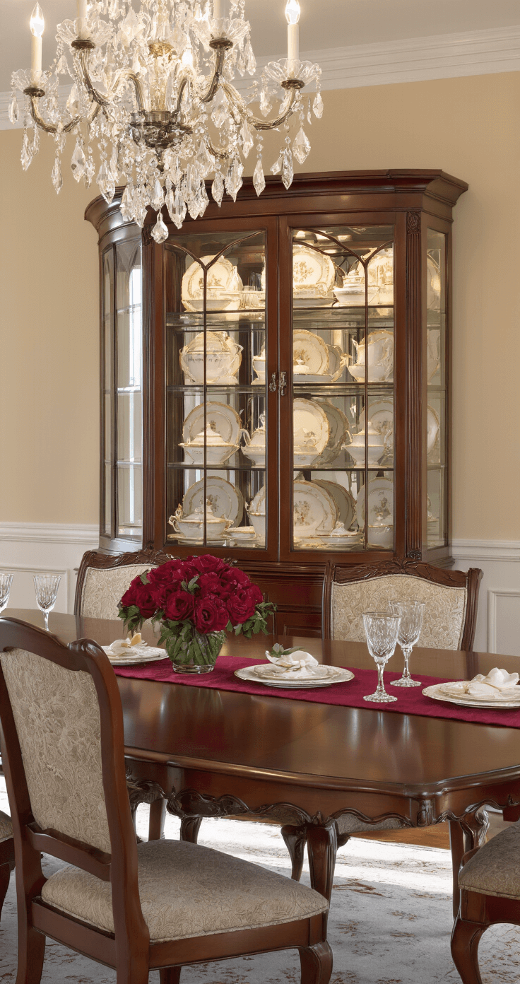 Formal dining room at dusk showcasing a stunning china cabinet filled with anniversary collection pieces, illuminated by warm lighting. The mahogany dining table is set with elegant bone china and a garnet-colored table runner, complemented by fresh roses and candlelight, all framed by wainscoting and a crystal chandelier.
