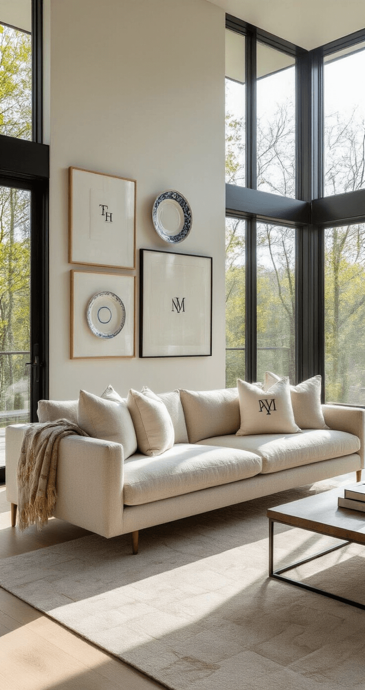 A bright contemporary living room featuring a modernist sofa with custom monogram throw pillows, a gallery wall of cotton anniversary artwork and china plates, and a geometric carpet in muted tones, all illuminated by morning light from floor-to-ceiling windows.