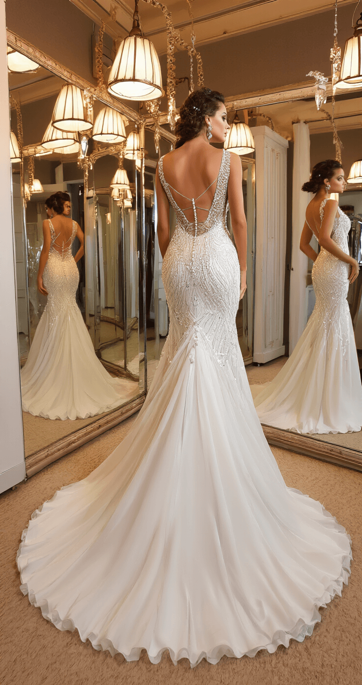 Athletic bride in an elegant dressing room examining a mermaid silhouette gown adorned with sparkling crystal and pearl beading, illuminated by warm pendant lights, with mirror reflections showcasing the intricate beadwork.