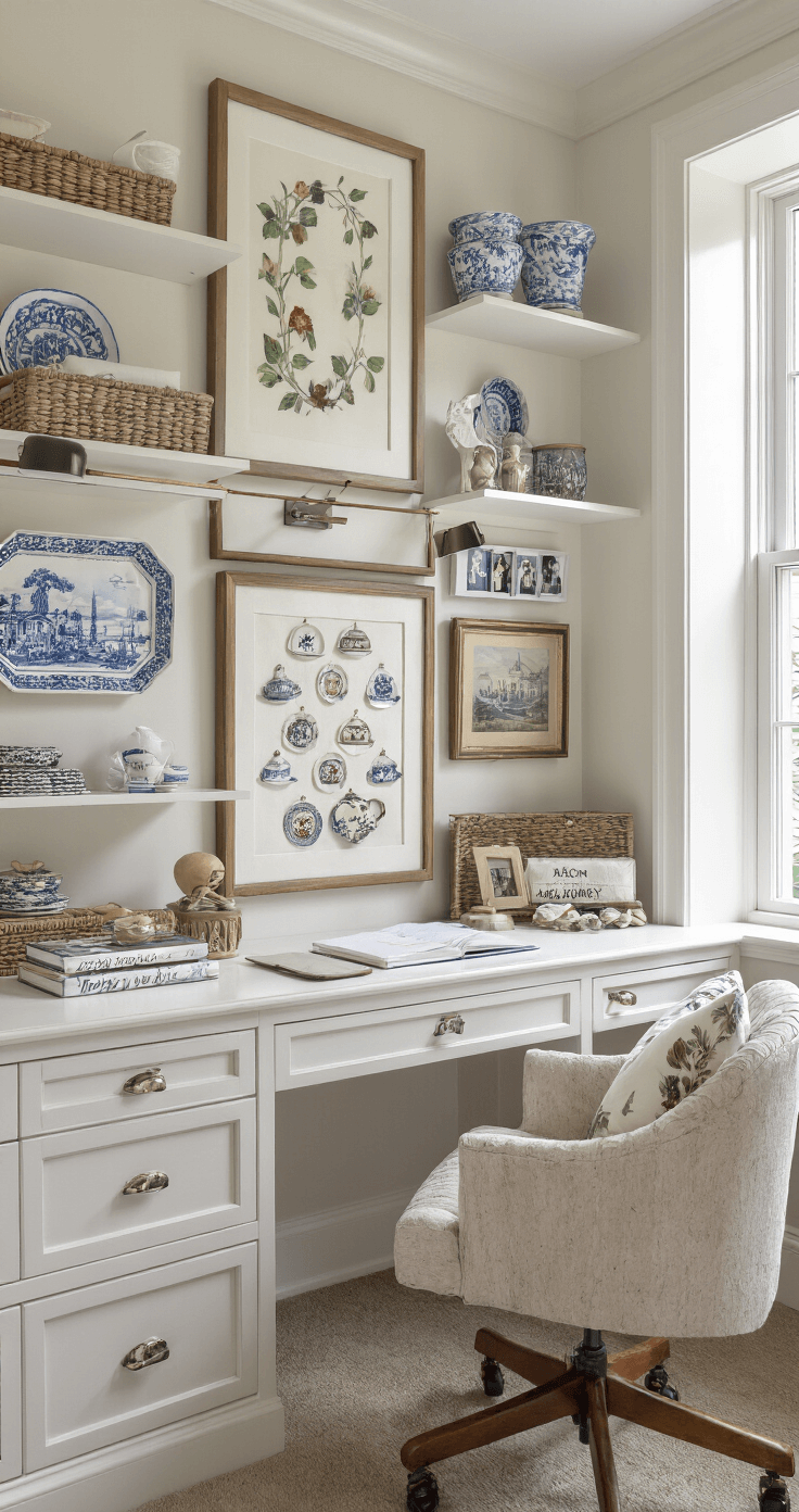 A 12x14ft home office showcasing creative anniversary displays, including framed cotton artwork and china pieces in a gallery arrangement, a custom memo board adorned with photos and mementos, and a personalized desk, all illuminated by natural light and task lighting, viewed from a standing height.