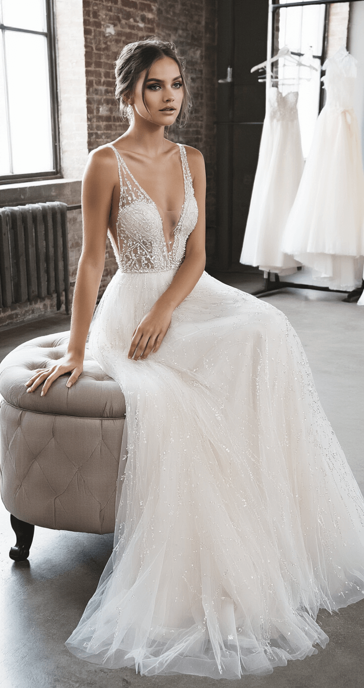 A bride sits elegantly on a tufted ottoman in a modern bridal boutique fitting area, showcasing her beaded ballgown. The dress features intricate beadwork on the bodice and a flowing skirt, with side lighting accentuating the details and movement of the fabric amid industrial-chic decor.