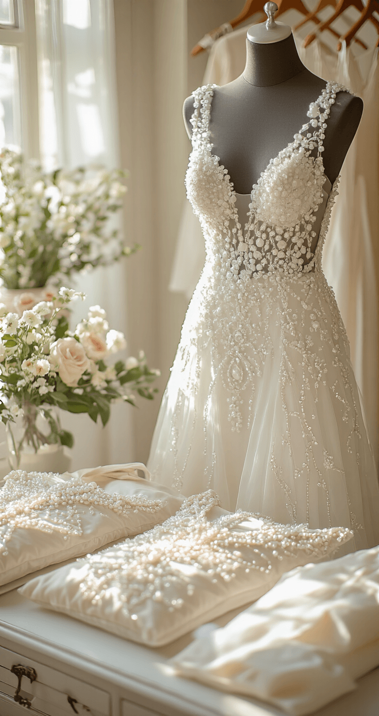 Sunlit bridal preparation space featuring an elegant vanity with a close-up of a heavily beaded dress. The scene highlights protective measures for the beadwork, including specialized hangers, padded storage bags, and acid-free tissue paper, all arranged to showcase the intricate patterns while bathed in soft natural light.