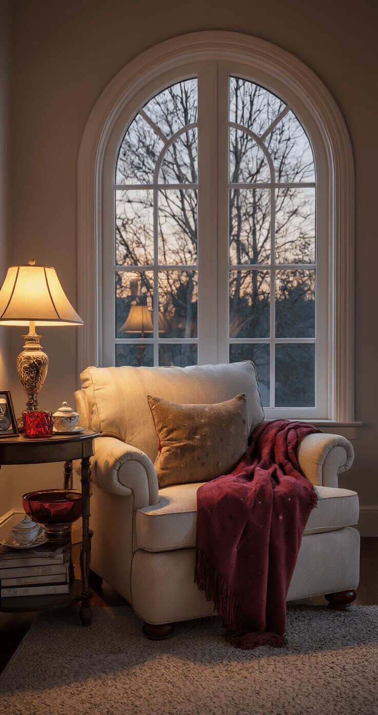 Cozy reading nook at twilight featuring an oversized cotton armchair draped with a throw, a side table with china collectibles and garnet accents, and soft lamp lighting creating an intimate atmosphere through an arched window.