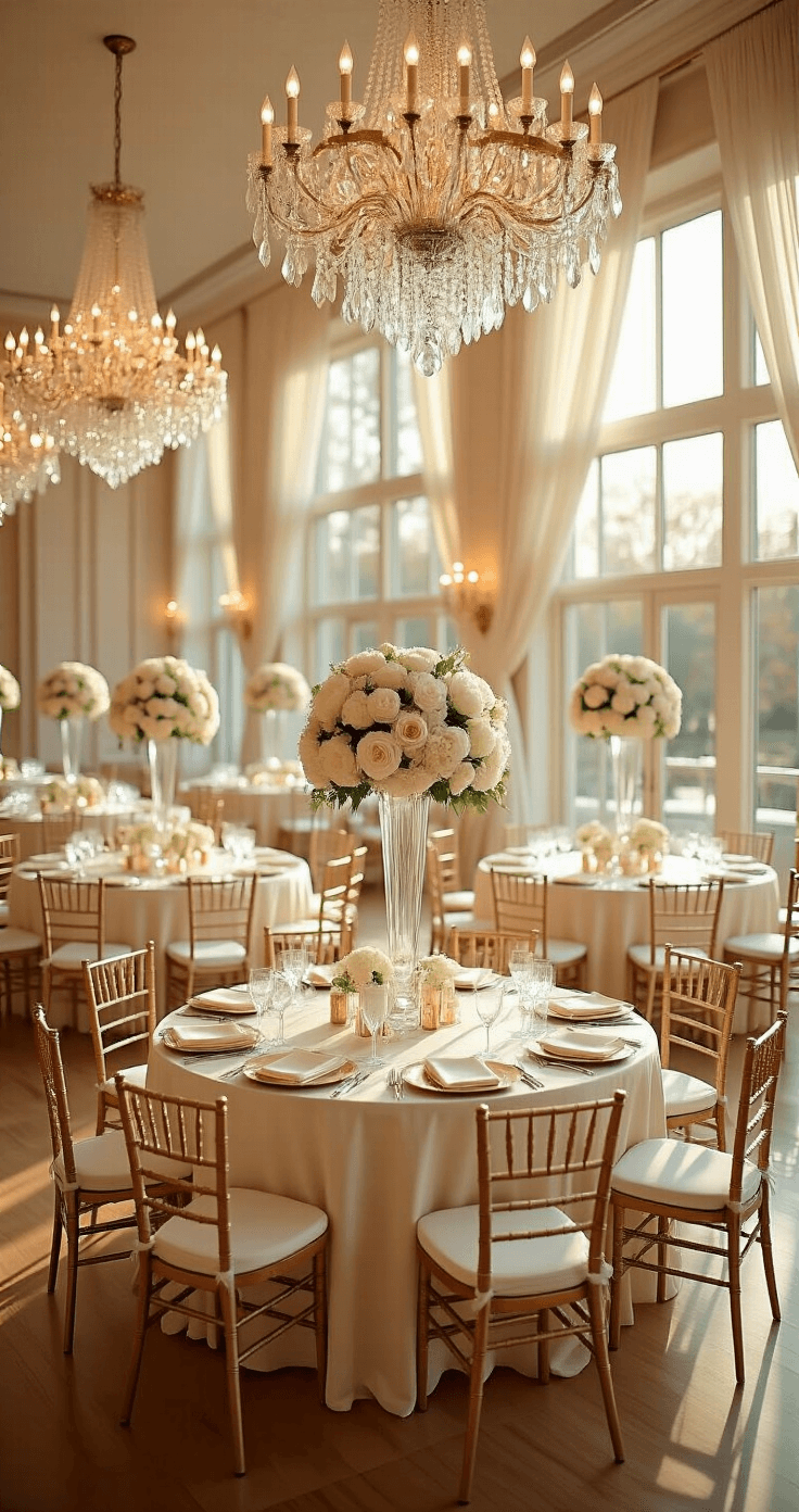 A spacious reception hall with sunlight streaming through large windows, featuring elegant round tables dressed in white silk, gold-rimmed place settings, and centerpieces of white peonies and blush roses, enhanced by cascading crystal chandeliers and rose gold Chiavari chairs, all captured at golden hour from an elevated angle.