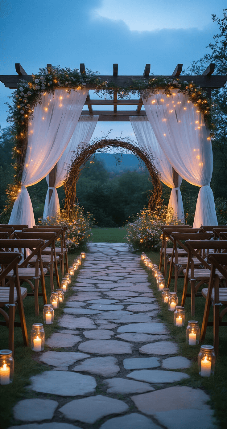 An intimate garden ceremony setup featuring a wooden pergola draped in white chiffon and fairy lights, with a stone pathway lined with candle-filled mason jars. Vintage wooden chairs are arranged in a curve, adorned with wildflower bouquets, while a twisted branch arch showcases seasonal blooms. The scene is captured from a low angle, highlighting the moody evening sky and soft LED illumination.