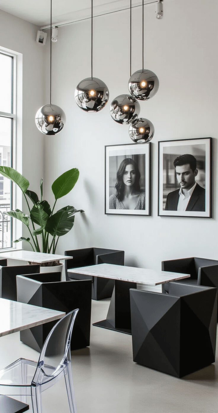 A modern minimalist cocktail lounge featuring matte black geometric furniture, stark white walls, suspended metallic orb pendants, ghost acrylic chairs with marble-top tables, potted monstera plants, and a black and white gallery wall, captured with a slight downward tilt to emphasize geometric patterns and dramatic lighting.