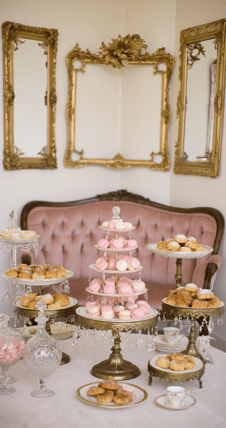 Vintage dessert station featuring antique brass cake stands with pastries, a dusty rose velvet settee, ornate gold mirrors, crystal decanters, vintage teacups, and a blush pink macaron tower, captured in soft lighting with a shallow depth of field.
