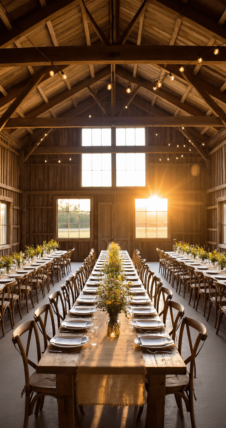 A rustic barn reception at sunset featuring an exposed beam ceiling adorned with string lights, long farm tables with burlap runners and mason jar wildflower centerpieces, wooden cross-back chairs, vintage crates, and a backlit window wall creating silhouettes, all captured from a corner angle to highlight the cozy farmhouse charm.