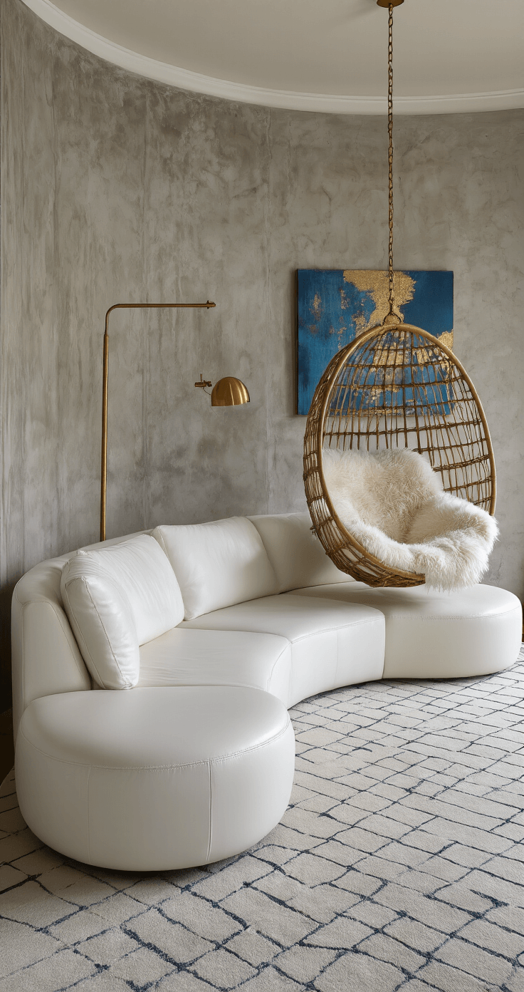 Contemporary lounge alcove featuring a curved white leather sectional against a textured concrete wall, a hanging rattan chair with ivory cushions, a brass floor lamp, an abstract canvas in blues and golds, and a geometric carpet, all captured in a wide-angle shot with accent lighting.