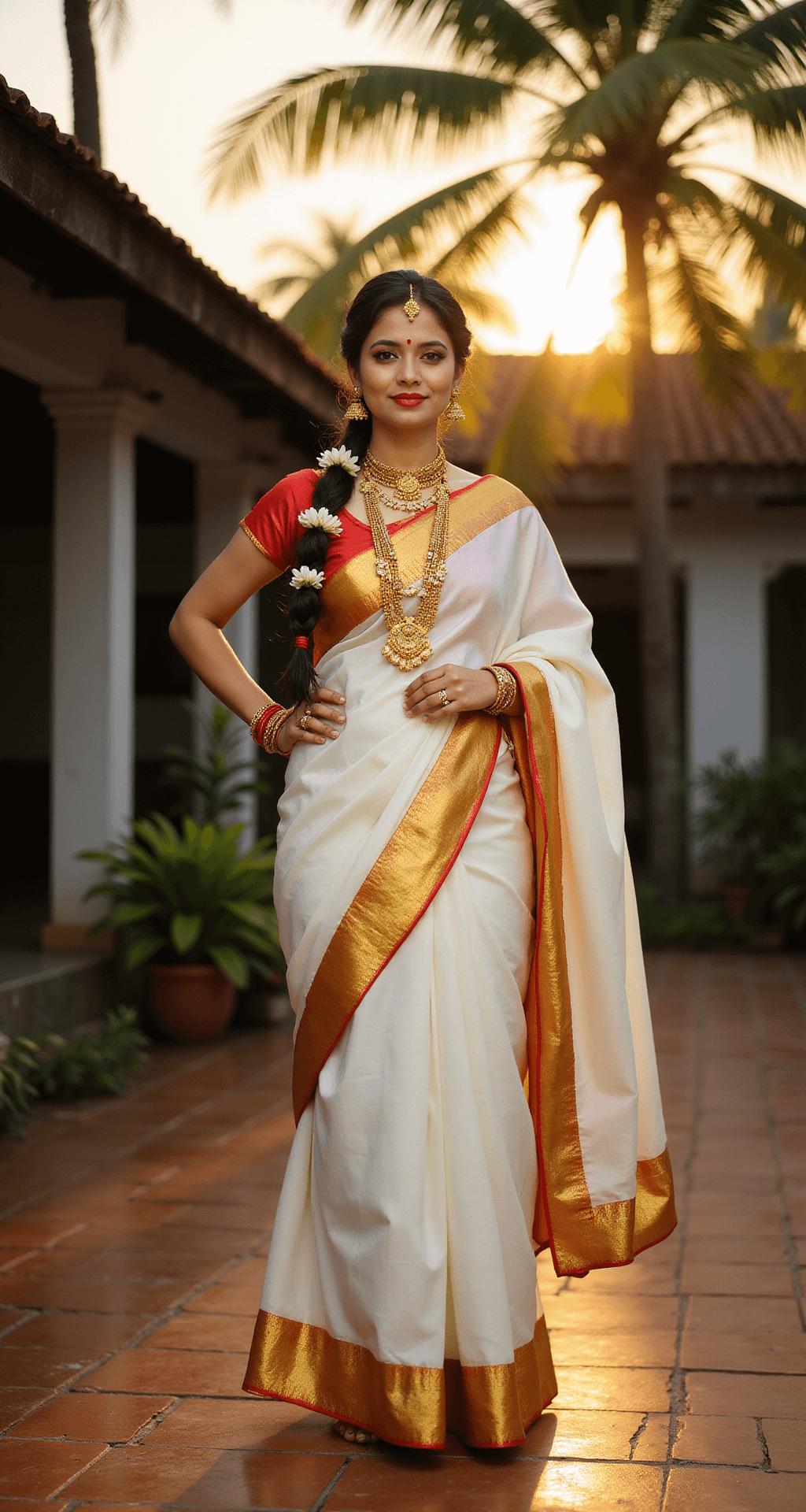 A bride-to-be in a white Kasavu saree with gold borders stands gracefully in a traditional Kerala courtyard during golden hour, adorned with temple jewelry and jasmine flowers, captured in warm sunset light with a focus on intricate textile textures.