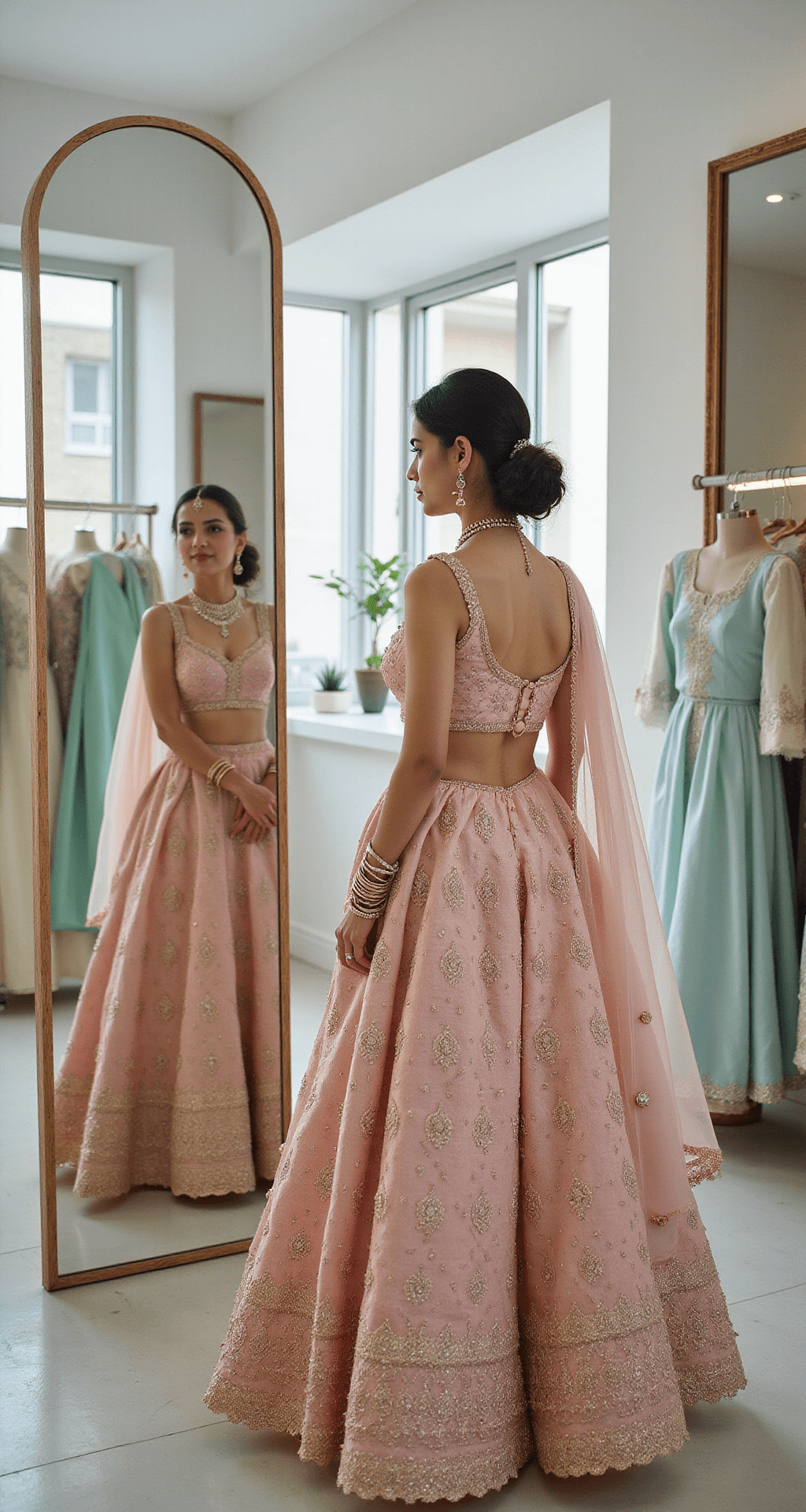 A millennial bride admires herself in a triple mirror, sporting a pastel pink designer lehenga with gold Kerala-inspired motifs, surrounded by racks of curated fusion wear in mint green, powder blue, and cream. The boutique features floor-to-ceiling windows that softly illuminate the scene, showcasing delicate diamond jewelry and a sheer dupatta with scalloped edges.