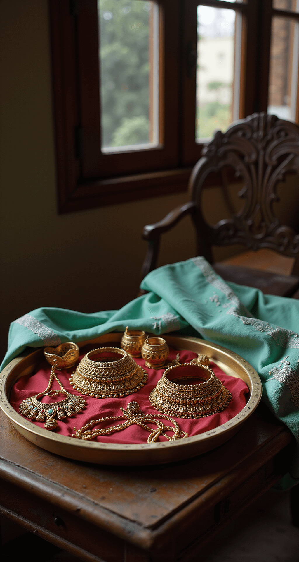 An intimate dressing room scene in a traditional Kerala home, featuring early morning light illuminating a vintage brass tray adorned with intricate temple jewelry, including heavy gold chokers, waist chains, and bangles, all nestled in rich red silk. A half-draped mint green half-saree with silver embellishments rests on an antique wooden chair, with macro focus on the detailed textures and traditional motifs of the jewelry.