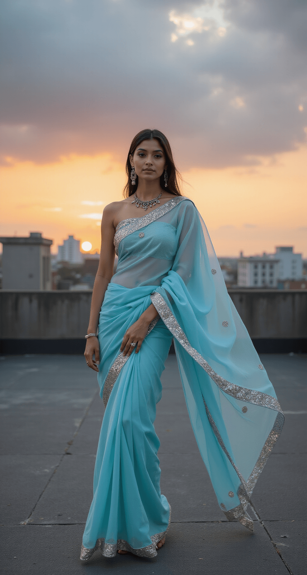 A contemporary bride in a powder blue organza saree with a modernized Kerala border stands on a rooftop at sunset, her pleats gently lifted by the wind. She wears mixed metal jewelry, with oxidized silver and gold pieces, against a backdrop of urban architecture that creates leading lines. The shot is taken from slightly below, highlighting the fabric's movement and rich color gradients.