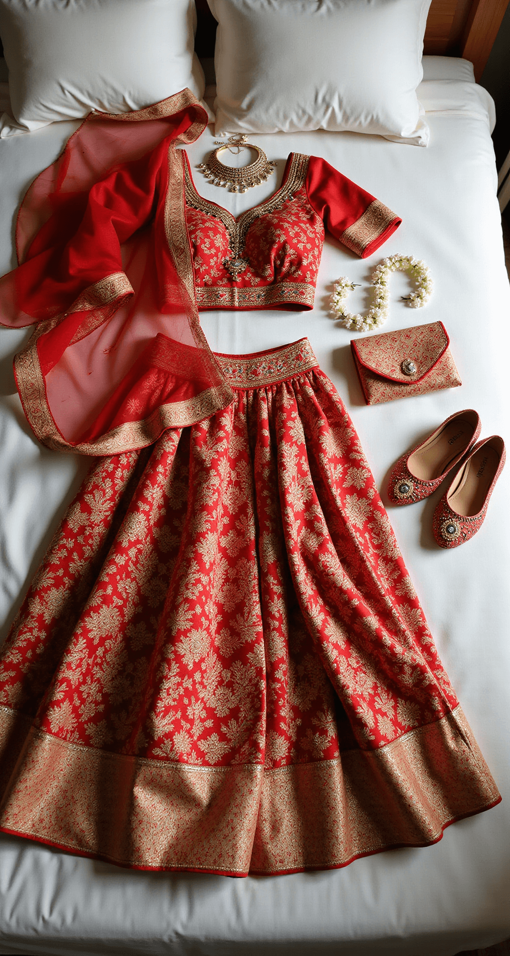 A flat lay of a luxurious red and gold Kerala engagement lehenga on ivory bedding, accompanied by kundan jewelry, embroidered jutti shoes, a vintage clutch, and a fresh jasmine garland, showcasing intricate textile patterns and macro details of zari work and beading, all illuminated by natural and studio lighting.