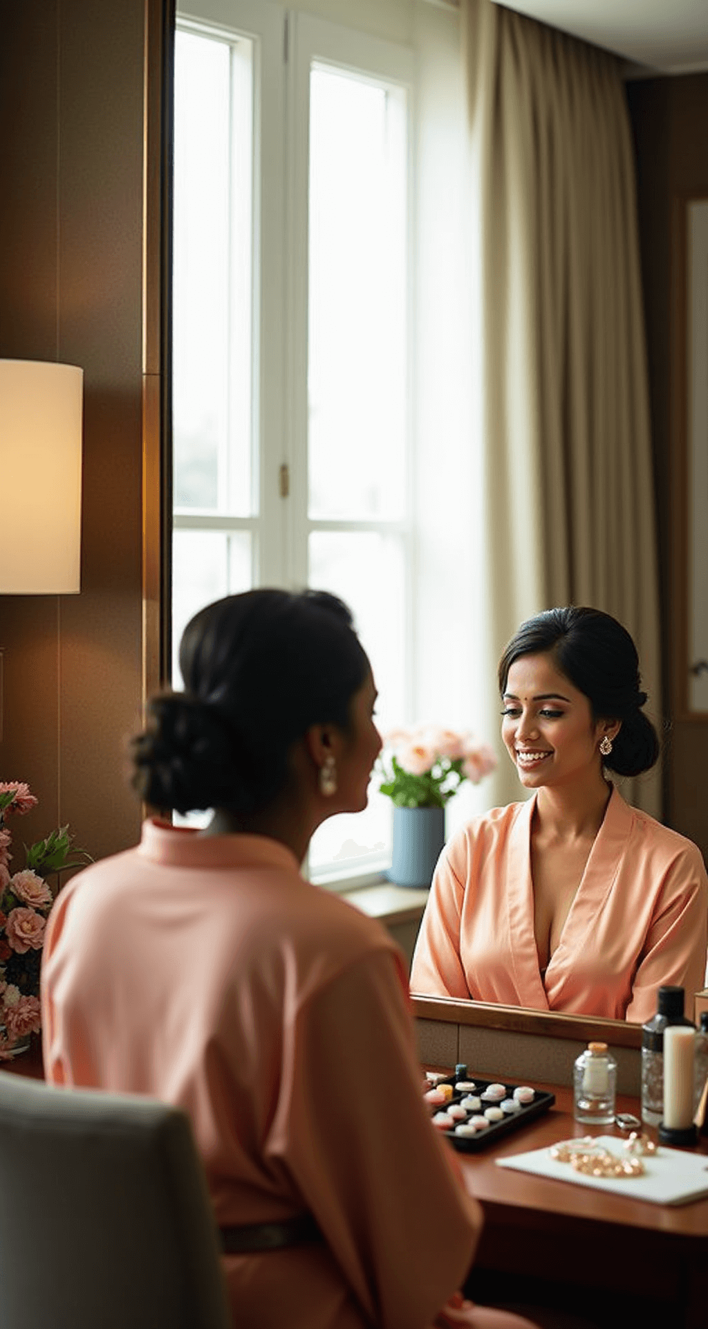 Bride in a peach silk robe seated at a vanity, receiving Kerala bridal makeup in a sophisticated hotel suite, with beauty products, fresh flowers, and heirloom jewelry displayed around her, illuminated by soft light from large windows, captured from behind her shoulder with a focus on reflections.