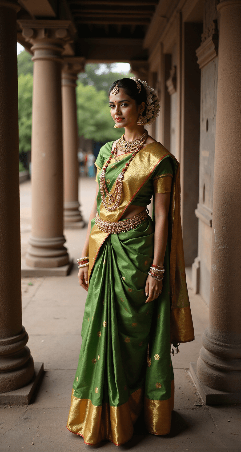 A bride in a green and gold traditional Kerala saree poses beside ancient stone pillars in a temple courtyard during late afternoon, with dramatic lighting showcasing her ornate temple jewelry, red bindi, and jasmine flowers. The image captures architectural details and textures using a telephoto lens.