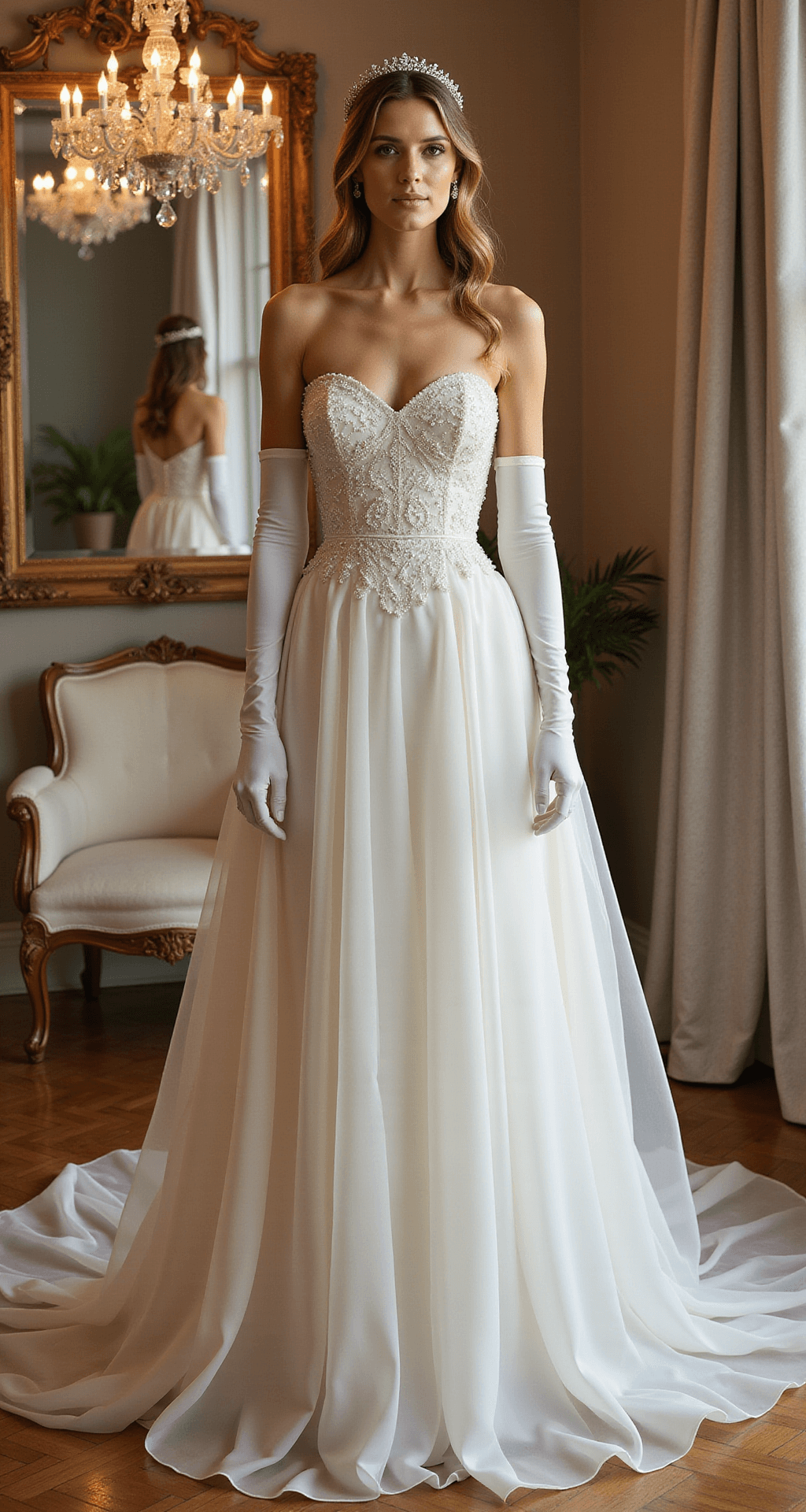 An elegant bridal salon corner features a model in a pear-shaped A-line gown with a sweetheart neckline, highlighted by golden hour lighting. She wears opera-length gloves and a crystal tiara, with the full dress elegantly showcased in a wide-angle shot. A crystal-drop chandelier adorns the background, complemented by ivory, silver, and soft gold tones.
