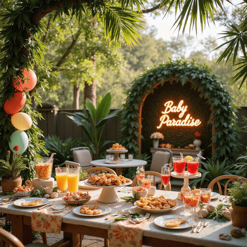 Summer Baby Shower Ideas: Sizzling Celebrations for Mom-to-Be A sunny backyard decorated for a tropical baby shower with palm leaves, hibiscus flowers, a dessert table featuring coconut shrimp and fruit kebabs, colorful mocktails, and a pastel balloon garland, all illuminated by golden hour light and accented with a glowing 'Baby Paradise' neon sign.