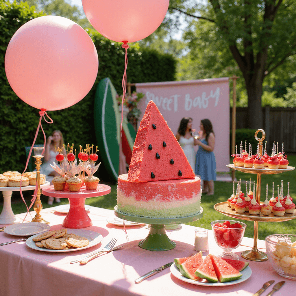 Summer Baby Shower Ideas: Sizzling Celebrations for Mom-to-Be A whimsical dessert display in a sun-filled garden featuring a tiered watermelon slice cake, watermelon-shaped cake pops, cookies, and artfully arranged fruit platters on a pink linen-covered table, with oversized watermelon balloons floating above and guests posing at a DIY photo booth with a hand-painted watermelon backdrop. The scene is adorned in a pink and green color palette with touches of gold in the cutlery and 'Sweet Baby' signage.