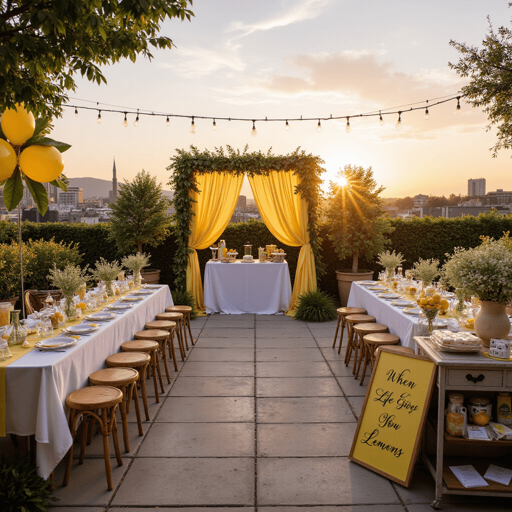 Summer Baby Shower Ideas: Sizzling Celebrations for Mom-to-Be Rooftop terrace decorated for a 'Lemon Squeeze' themed shower at sunset, featuring a lemonade stand with yellow striped fabric, potted lemon trees, oversized lemon balloon sculptures, fairy lights, and long tables with white linens and lemon centerpieces. A dessert cart displays lemon treats, while a guest book table showcases a 'When Life Gives You Lemons' sign with Polaroid cameras and custom cards.