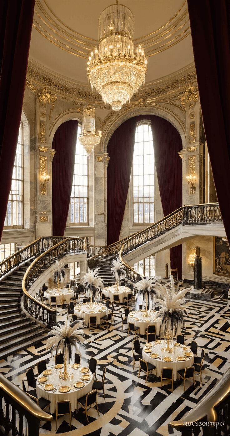 A luxurious Art Deco ballroom with a sweeping marble staircase and crystal chandeliers, featuring round tables dressed in ivory linens and towering centerpieces, all illuminated by warm amber light during golden hour.