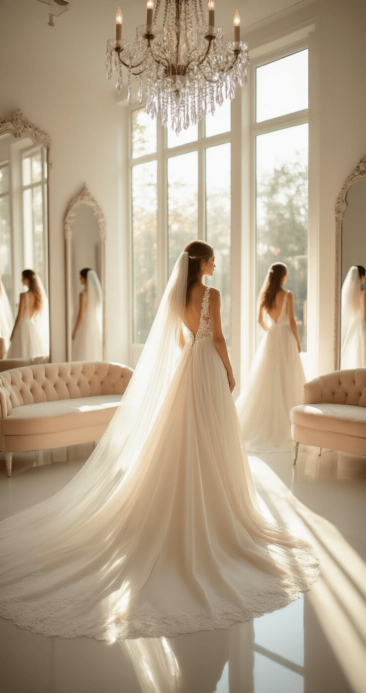 A bride-to-be models a flowing silk A-line wedding gown with lace overlay in a bright bridal boutique, surrounded by mirrors and elegant decor, bathed in morning light.