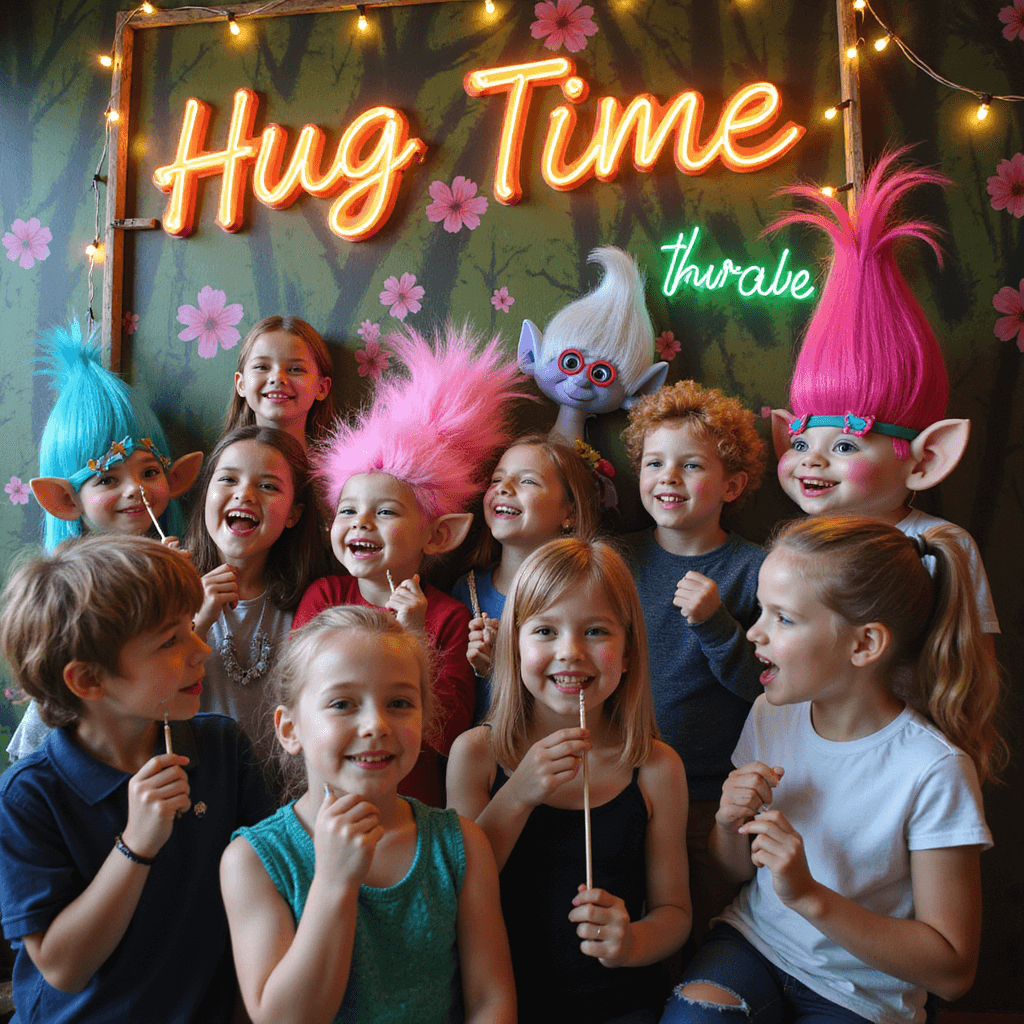 A colorful Trolls-inspired photo booth featuring a hand-painted forest backdrop, oversized props, and children joyfully posing with quirky accessories under warm fairy lights and a neon 'Hug Time' sign.