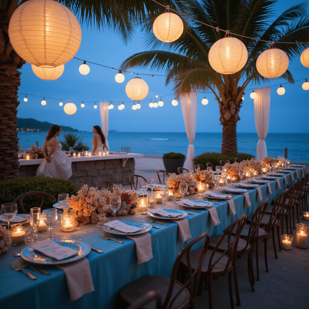 A whimsical 'Under the Sea' themed dinner party on a beachfront terrace at twilight, featuring ombré blue table linens, coral-inspired centerpieces, and glowing LED lights, with guests in ocean-hued attire surrounded by paper lanterns and a raw bar styled like a sunken ship.