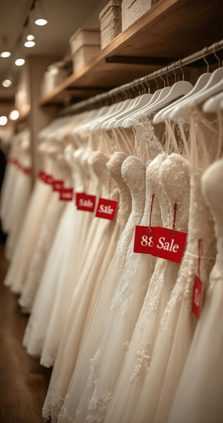Upscale bridal salon during a January sale, showcasing rows of designer wedding dresses with red sale tags. Warm lighting enhances the intricate beadwork, focusing on a rack of heavily discounted sample dresses in sizes 8-12, captured with professional eye-level lighting.