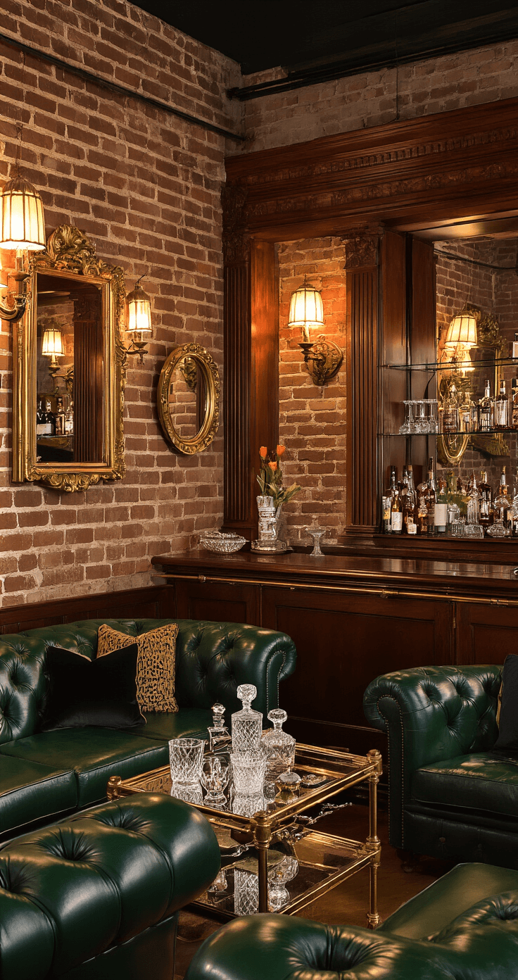 A cozy speakeasy lounge corner featuring exposed brick walls with ornate gold-framed mirrors, a rich mahogany bar with brass fixtures, low amber lighting from art deco sconces, clustered deep emerald leather Chesterfield sofas accented with black and gold throw pillows, and a mirrored serving cart displaying crystal decanters and vintage cocktail sets, all captured in moody dusk ambiance.