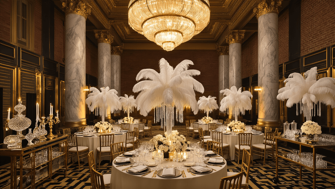 An opulent Art Deco ballroom at golden hour, featuring soaring marble columns, a grand chandelier, ivory silk tables with ostrich feather centerpieces, and an elegant mirrored bar cart, all illuminated by warm amber light and atmospheric haze.