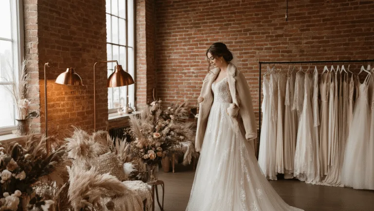 A cozy bridal boutique with exposed brick walls, featuring a bride in a cream wool coat looking at a lace wedding gown, illuminated by warm copper floor lamps amidst vintage decor and a rack of long-sleeve dresses.