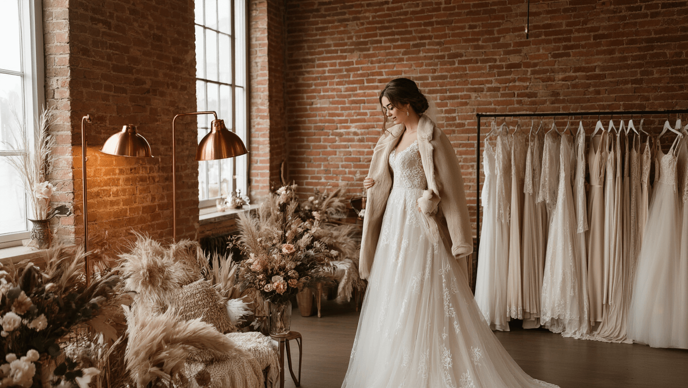 A cozy bridal boutique with exposed brick walls, featuring a bride in a cream wool coat looking at a lace wedding gown, illuminated by warm copper floor lamps amidst vintage decor and a rack of long-sleeve dresses.