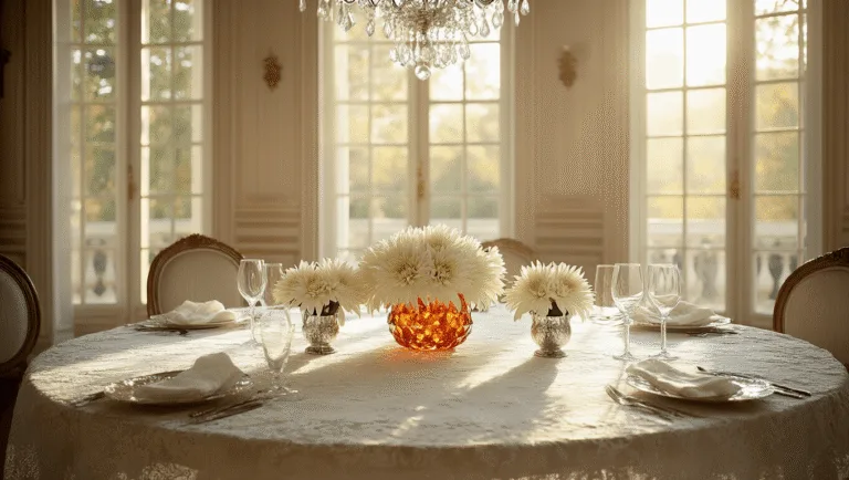 A luxurious dining room setting for a 13th anniversary, featuring a vintage lace tablecloth, a citrine crystal centerpiece with white chrysanthemums in mercury glass vases, golden hour sunlight filtering through floor-to-ceiling windows, and elegant crystal chandeliers, captured in photorealistic detail with a soft bokeh background.