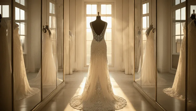 A beaded wedding dress on a mannequin, backlit by golden hour light in a bridal boutique, showcasing intricate Art Deco-inspired crystal and pearl beadwork on ivory silk.