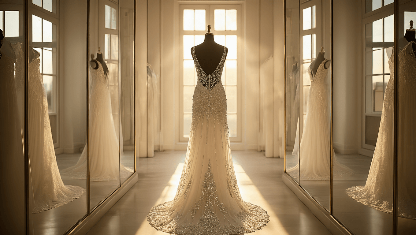 A beaded wedding dress on a mannequin, backlit by golden hour light in a bridal boutique, showcasing intricate Art Deco-inspired crystal and pearl beadwork on ivory silk.