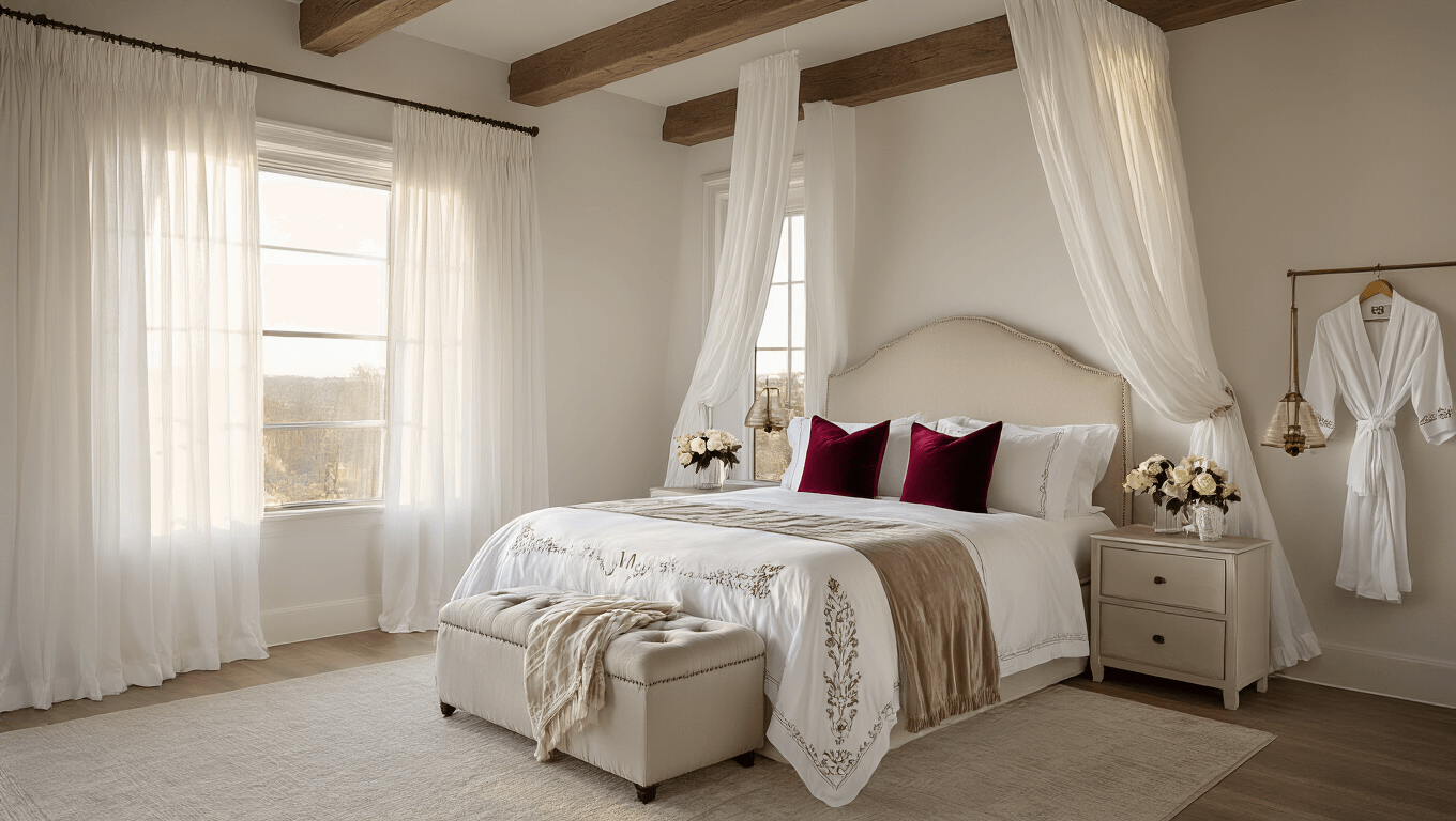 A luxurious master bedroom featuring a king-size bed with white cotton bedding, personalized anniversary blanket, and velvet accent pillows, bathed in warm golden hour light streaming through sheer curtains, with fresh roses in china vases and monogrammed robes, all showcased from a 45-degree angle.