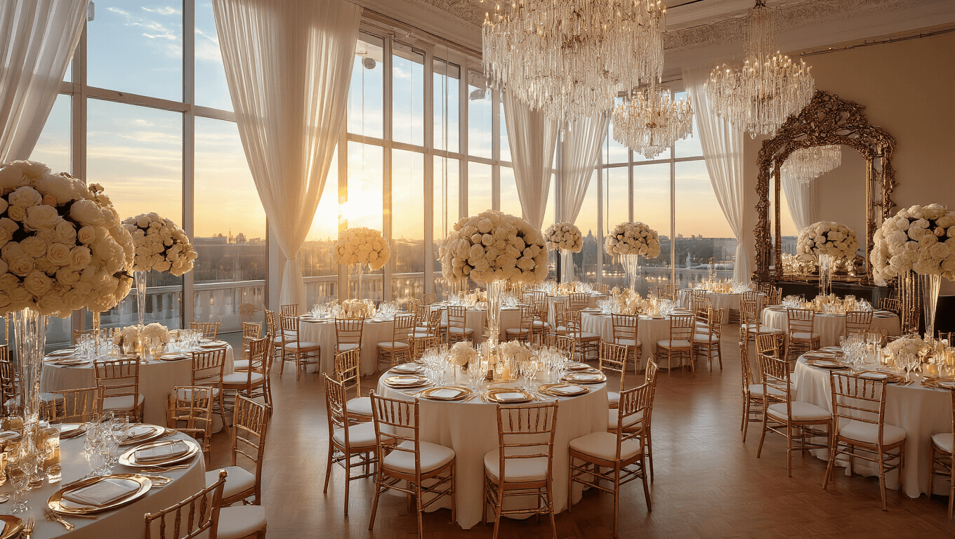 Luxurious wedding reception hall at golden hour, featuring elegant tables with silk tablecloths, floral centerpieces, and crystal chandeliers, captured from an elevated perspective with soft bokeh and cinematic color grading.