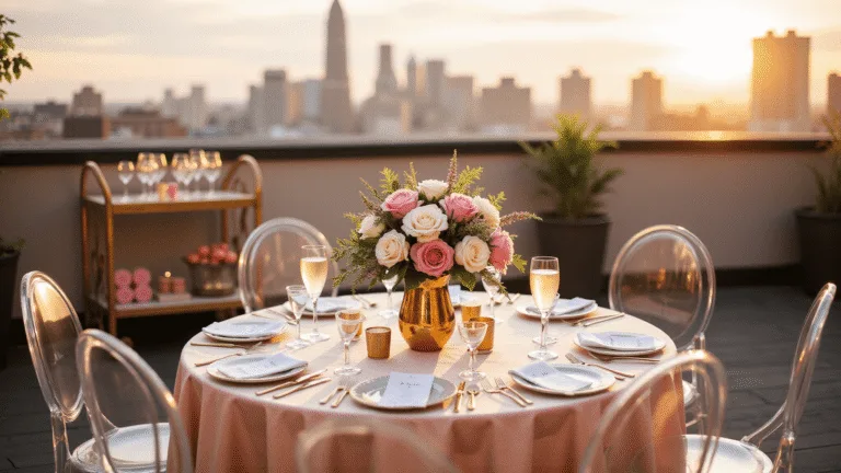 A luxurious rooftop terrace anniversary dinner setup featuring a round table with blush silk linens, a floral centerpiece of pink peonies and white roses, ghost chairs, and crystal place settings, all under a canopy of fairy lights with a soft-focused city skyline at sunset.