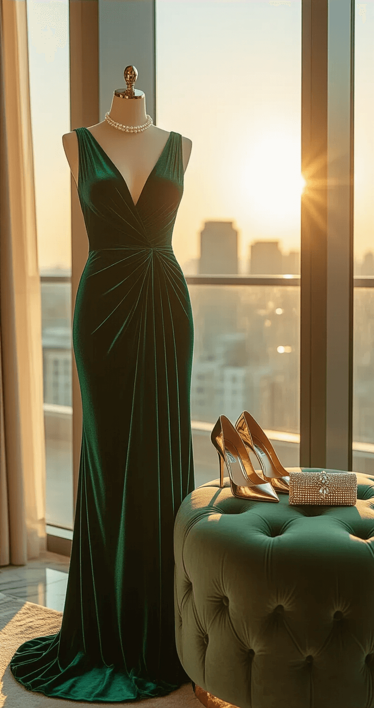 A luxurious emerald green velvet midi dress draped over a plush ottoman in a sun-filled hotel suite, with metallic gold stilettos and a crystal-embellished clutch on a marble side table, and accessories including a pearl headband and sapphire drop earrings, captured with a shallow depth of field during golden hour.