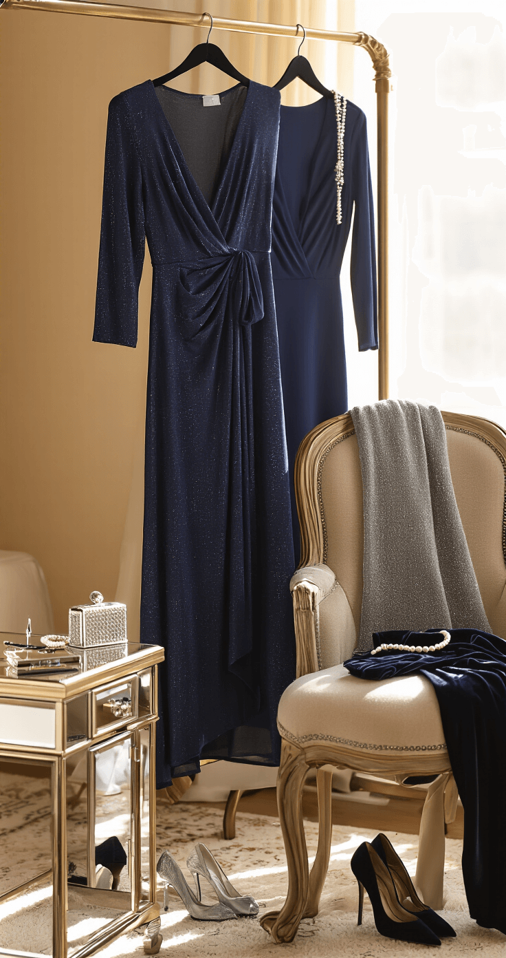Intimate boutique dressing room featuring a navy crepe maxi dress on a brass rack, black tights draped nearby, a silver-threaded wrap on an upholstered chair, crystal-studded pumps below, and a vintage vanity with pearl hairpins, velvet gloves, and a mirrored clutch, all bathed in warm afternoon light.