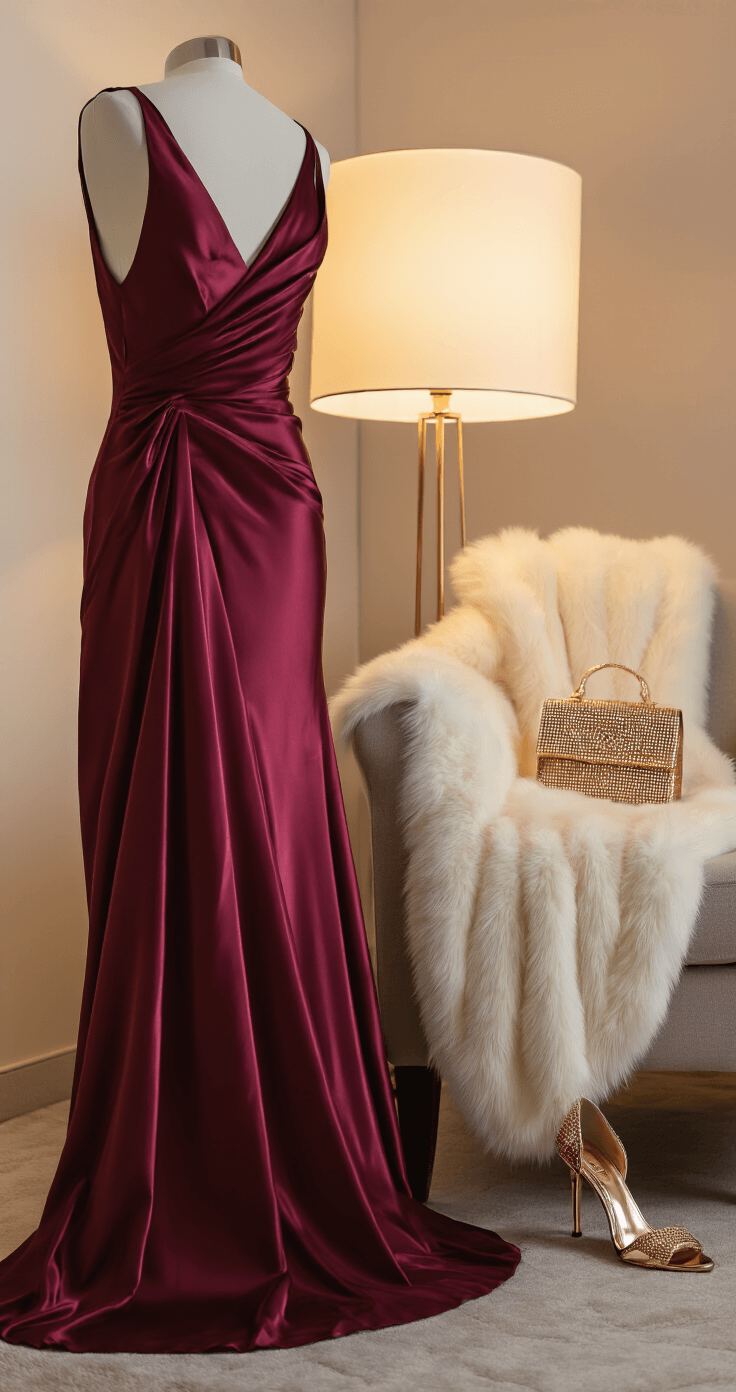 A modern penthouse closet at dusk featuring a burgundy satin gown with draping, dramatic shadows from a floor lamp, a cream faux fur stole on a designer armchair, and luxurious rose gold accessories including structured heels, geometric earrings, and a beaded evening bag, all shot from below to highlight the gown's length.