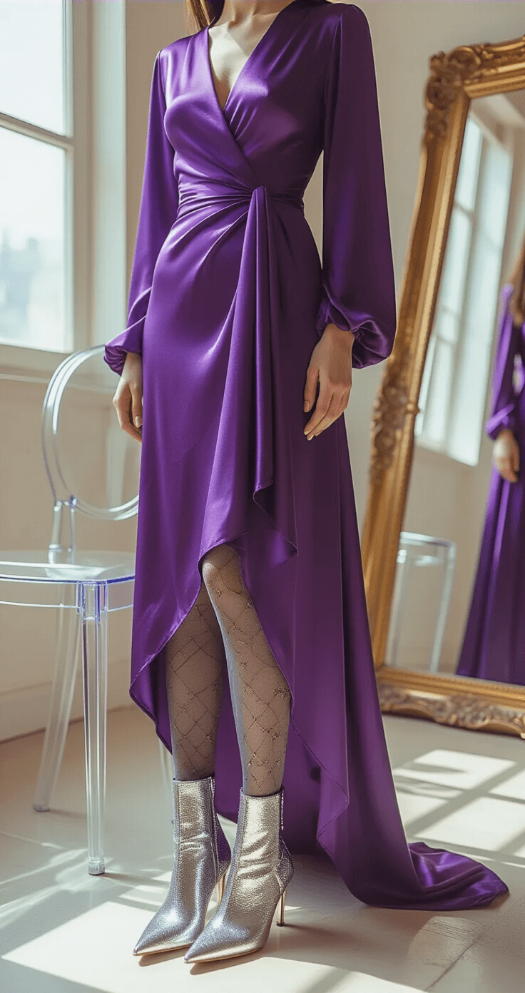 A minimalist bridal boutique corner illuminated by soft morning light features a royal purple silk wrap dress on a ghost chair, accompanied by smoke-grey crystal tights and metallic silver booties with pearl details. A gold mirror reflects the outfit, showcasing a stylish arrangement of winter accessories.