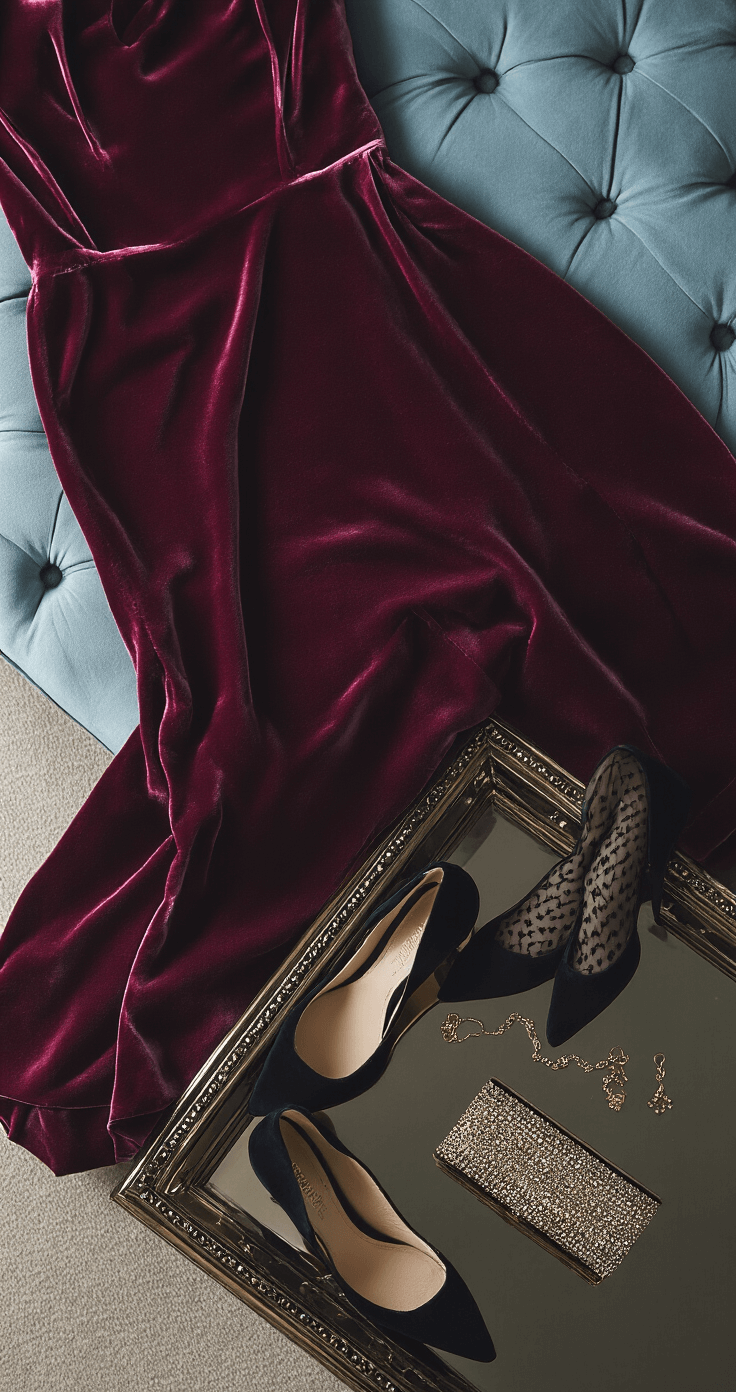 A cozy master bedroom during blue hour showcasing a dark rose velvet midi dress on a tufted bench, black patterned tights, crystal-embellished black suede pumps, a metallic clutch, and delicate gold jewelry arranged on a mirrored tray, all illuminated by soft window light.