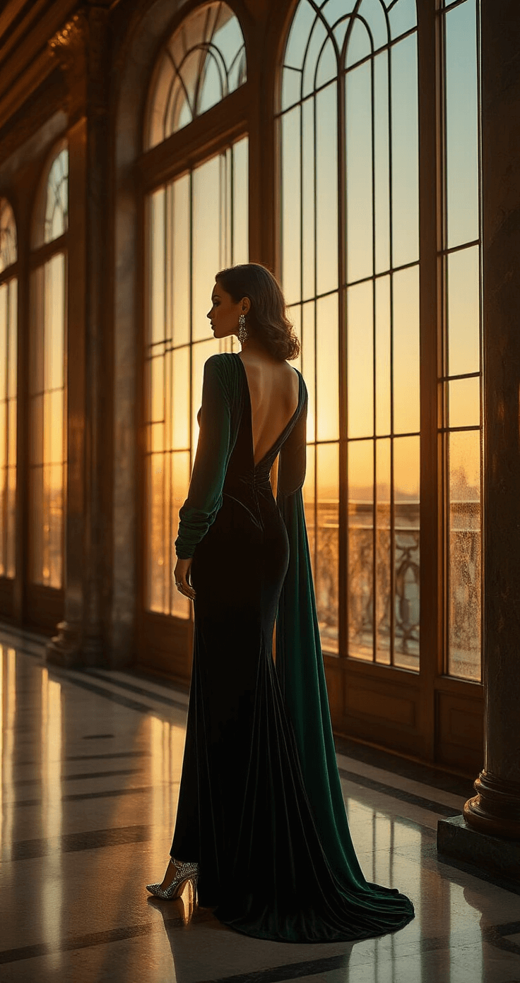 An elegant art deco hotel lobby at sunset, showcasing a floor-length black velvet gown with subtle sparkles, enhanced by golden hour light streaming through vintage windows. A deep emerald wrap contrasts beautifully with the gown, while crystal-encrusted accessories and silver heeled boots complete the look, all captured in dramatic architectural framing and moody lighting.