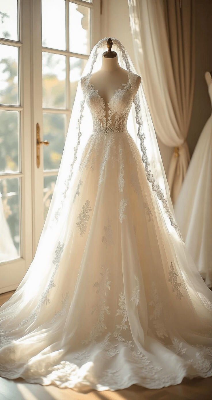 A sunlit bridal boutique interior showcasing a princess-style wedding gown with intricate lace detailing on an elegant mannequin, surrounded by soft tulle layers. Vintage crystal embellishments adorn the bodice, while a matching beaded veil cascades down, captured in portrait orientation with a shallow depth of field highlighting the dress's craftsmanship.